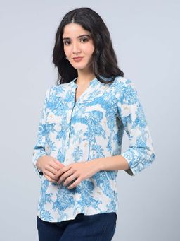 CRIMSOUNE CLUB - Women's Blue Floral Print V-Neck Linen Top