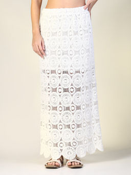 SHOWOFF - Womens Off White Self Design Straight Crochet Skirt