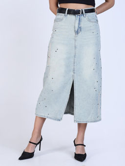 SHOWOFF - Womens Blue Solid A-Line Denim Skirt with Belt (Set of 2)
