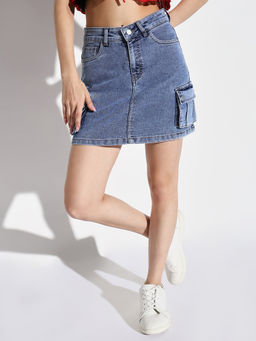 SHOWOFF - Womens Blue Solid Pencil Denim Skirt