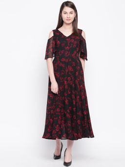 RARE - Women Black & Red Floral Print Midi Dress