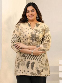 Extra love by Libas - Plus Size Beige color floral printed straight kurti
