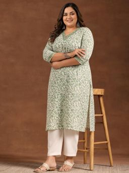 Extra love by Libas - Plus Size Green white floral printed straight cotton kurta