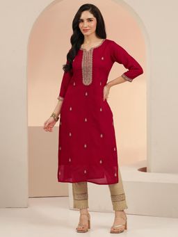 Libas - Maroon ethnic motif zari embroidered straight kurta with lining
