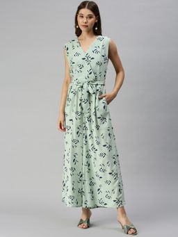 SHOWOFF - Women Green Printed V-Neck Sleeveless Jumpsuit