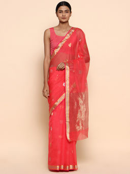 CHOWDHRAIN - Carrot Red Chanderi Saree with Unstitched Blouse Piece