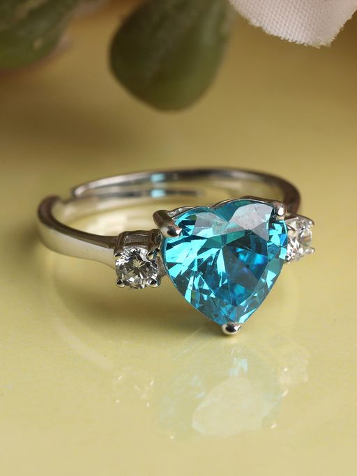 CLARA 925 Silver Rhodium Plated Swiss Zirconia Sky Blue Heart Adjustable Ring For Women & Girls