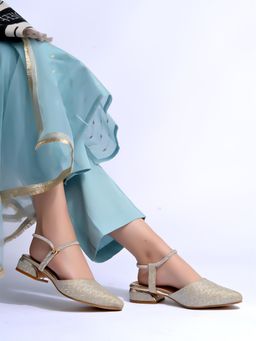 Shoetopia - Embellished Buckle Pointed Toe Stylish Golden Mules Heels
