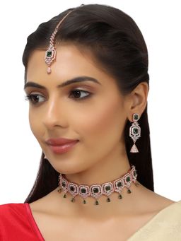 Accessher - Rose Gold Plated American Diamond Green Gemstone Studded Choker Necklace Set