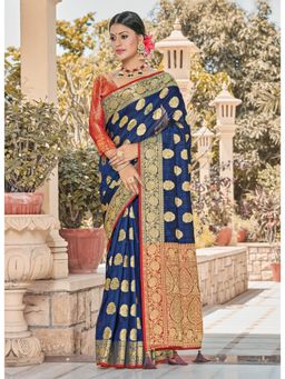 Sangam Prints - Navy Blue Silk Woven Work Traditional Tassel Saree with Unstitched Blouse