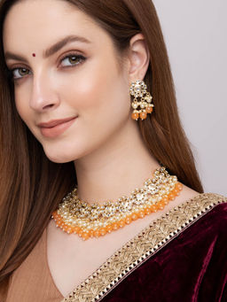 Indya - Gold Peach Faux Bead Multi Drop Earring Necklace (Set of 2)