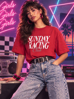 Bewakoof - Red Sunday Racing Club Typography Oversized T-shirt