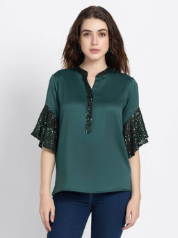 SHAYE - Mandarin Neck Green Sequined Bellsleeves Party Top for Women