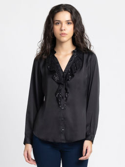 SHAYE - Mandarin Neck Black Sequined Full Sleeves Casual Top for Women