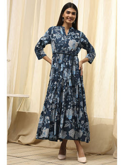 Biba - Women Earthy Blue Cotton Dress with Belt (Set of 2)