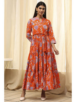 Biba - Women Orange Cotton Dress with Belt (Set of 2)