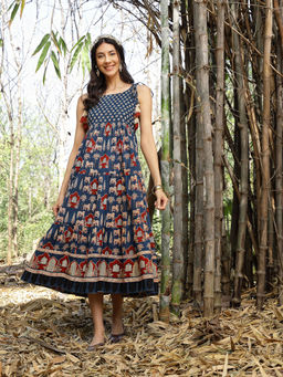 Stylum - Women Navy Blue Ethnic Printed Cotton Tiered Dress