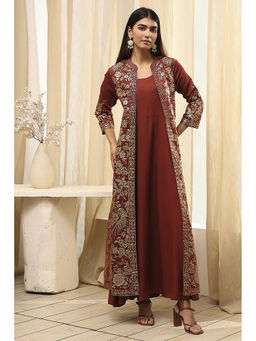 Biba - Women Earthy Brown Polyester Dress with Jacket (Set of 2)