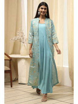 Biba - Women Turquoise Polyester Dress with Jacket (Set of 2)