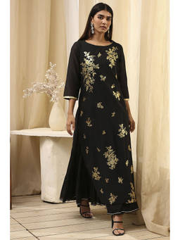 Biba - Women Black Poly Chanderi Dress with Inner (Set of 2)