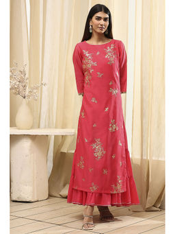 Biba - Women Fuchsia Pink Poly Chanderi Dress with Inner (Set of 2)