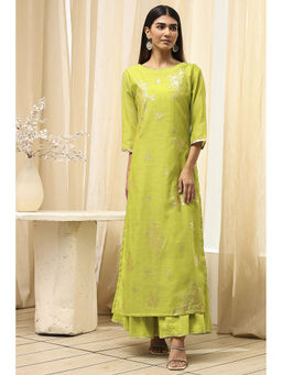 Biba - Women Green Poly Chanderi Dress with Inner (Set of 2)