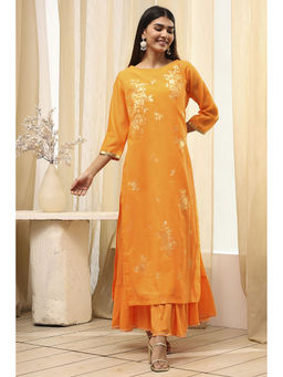 Biba - Women Orange Poly Chanderi Dress with Inner (Set of 2)