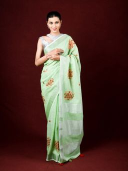 EXCLUSIVA - Green Linen Saree Embroidery and Thread Work with Unstitched Blouse