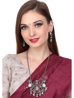Anvik - Silver Oxidised Finish Elephant Long Necklace and Earring Set