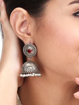 Anvik - Self Engraved Jhumka with Red Stone