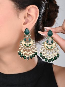 Anvik - Gold-Plated Meenakari Stud Earrings with Kundan and Pearl Cluster Drops - Green