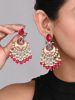 Anvik - Gold-Plated Meenakari Stud Earrings with Kundan and Pearl Cluster Drops - Pink