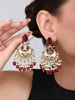 Anvik - Gold-Plated Meenakari Chandbali Earrings with Kundan and Pearl Drops - Red
