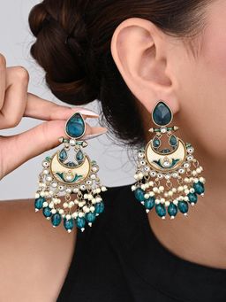 Anvik - Gold-Plated Meenakari Chandbali Earrings with Kundan and Pearl Drops - Teal