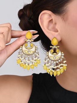 Anvik - Gold-Plated Meenakari Chandbali Earrings with Kundan and Pearl Drops - Yellow