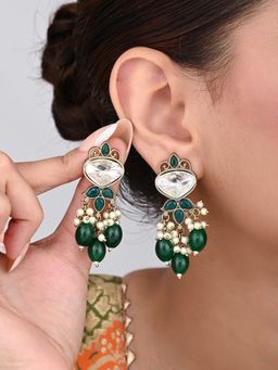 Anvik - Gold Plated Kundan and Pearl Drop Earrings- Green