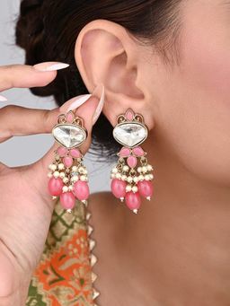 Anvik - Gold Plated Kundan and Pearl Drop Earrings- Pink