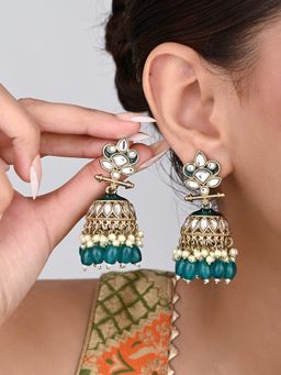 Anvik - Gold Plated Kundan and Meenakari Jhumka Earrings - Teal