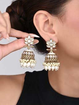 Anvik - Gold Plated Kundan and Meenakari Jhumka Earrings - White