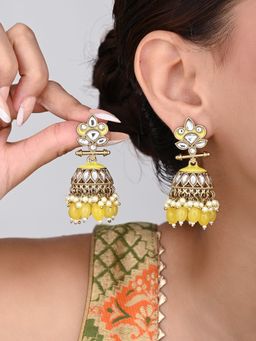 Anvik - Gold Plated Kundan and Meenakari Jhumka Earrings - Yellow