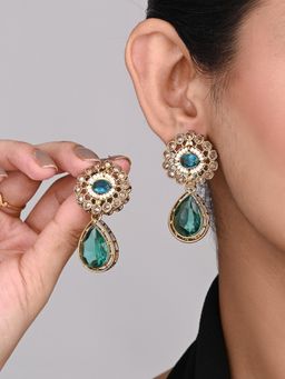 Anvik - Gold Plated Flower Stud with Tear Drop Earring - Blue