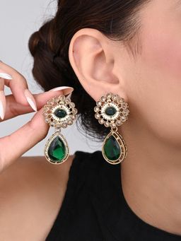 Anvik - Gold Plated Flower Stud with Tear Drop Earring - Green