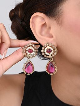 Anvik - Gold Plated Flower Stud with Tear Drop Earring - Pink