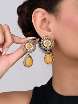 Anvik - Gold Plated Flower Stud with Tear Drop Earring - Yellow
