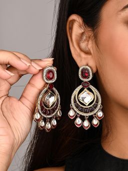 Anvik - Kundan Chandbali Earrings with Teardrop Danglers- Red