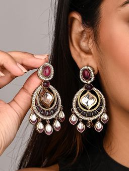 Anvik - Kundan Chandbali Earrings with Teardrop Danglers- Wine