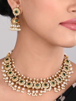 Anvik - Gold-Plated Kemp Stone Necklace Set with Jhumka Earrings Green