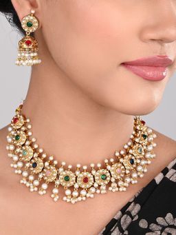 Anvik - Gold-Plated Kemp Stone Necklace Set with Jhumka Earrings Multi