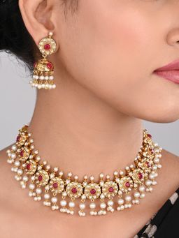 Anvik - Gold-Plated Kemp Stone Necklace Set with Jhumka Earrings Red