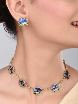 Anvik - Gold Plated Delicate Lotus Necklace Set - Blue